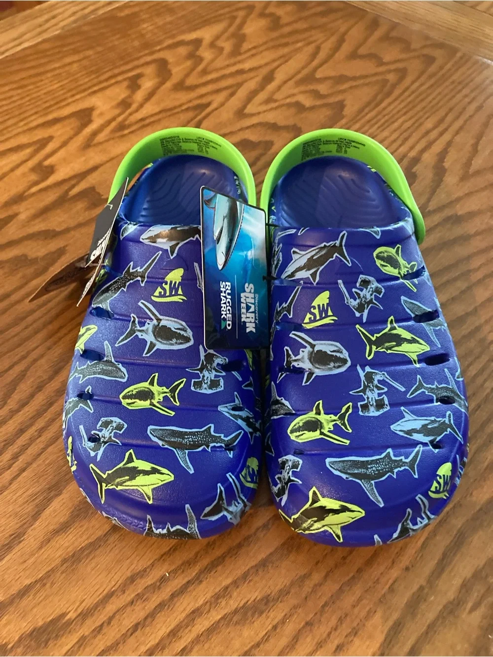 NWT Discovery Shark, Rugged Shark Slip-On Clogs, Royal Blue/Lime Green, Sz Boys